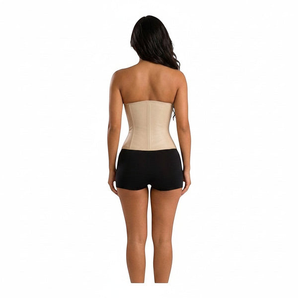 Stella's Corset beige latex waist trainer belt with hook-and-eye closure, offering hourglass shaping and posture support.