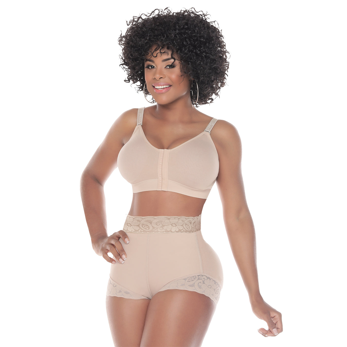 Woman wearing a beige shapewear set on a white background