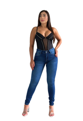 High-waisted butt lifter jeans in dark denim, designed with contour stitching and lift panels to enhance curves and create a sculpted silhouette.