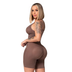 Stella's Corset low-compression caramel microfiber bodysuit with built-in bra and adjustable straps