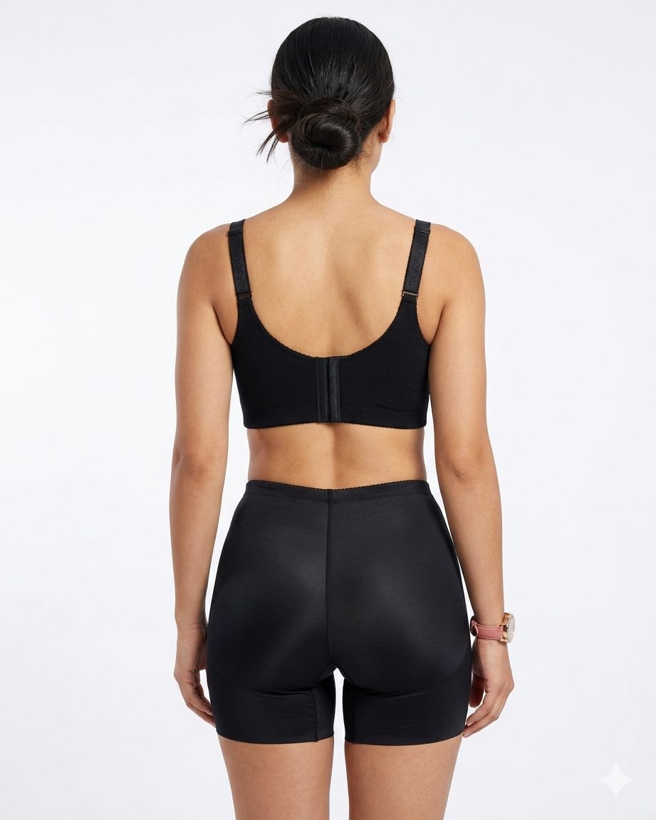 Person wearing a black sports bra and shorts on a white background