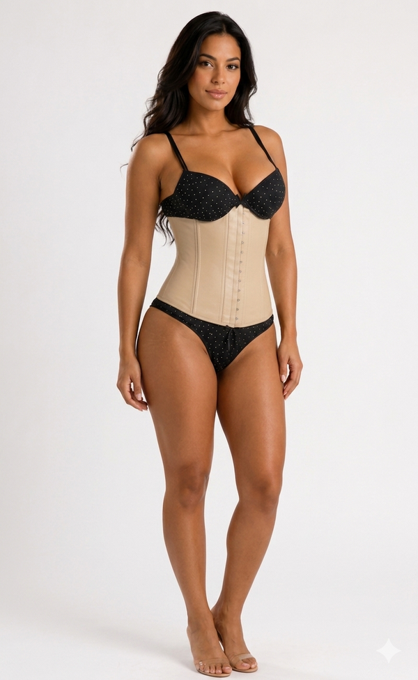 Woman wearing a beige waist trainer with black lace details on a white background
