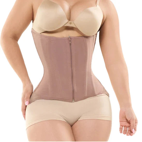 Beige waist trainer worn by a person on a white background