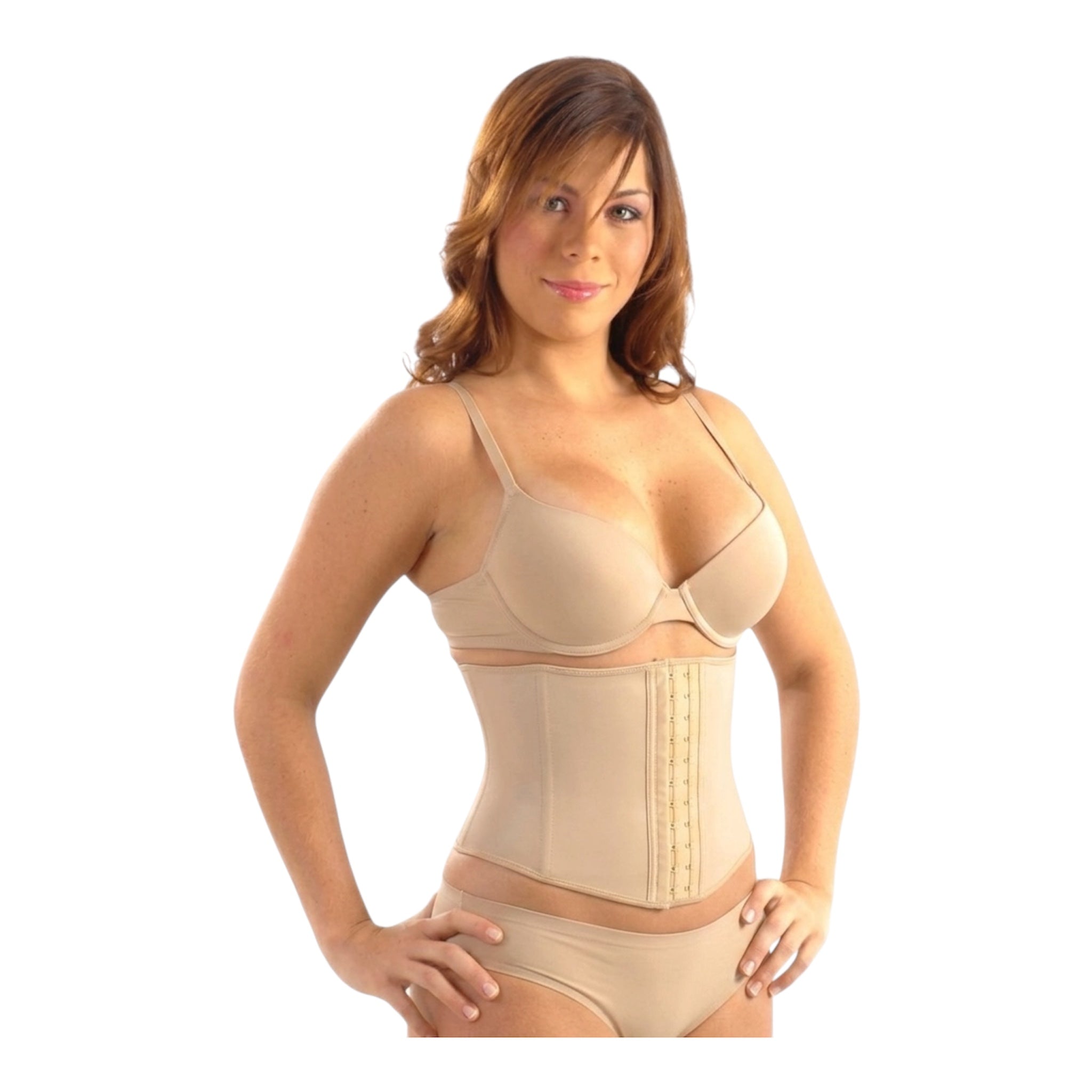 Woman wearing a beige compression garment on a white background