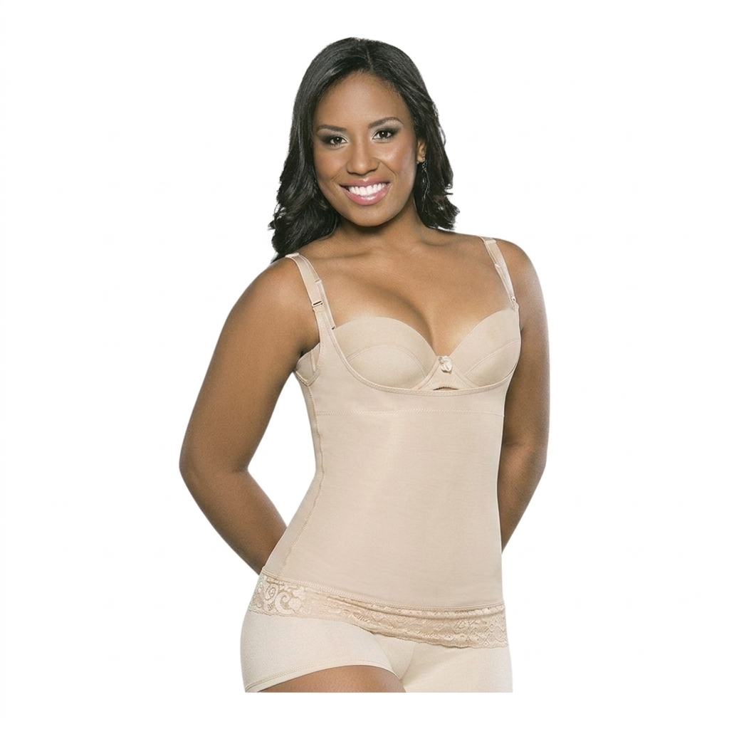 Woman wearing a beige shapewear garment on a white background