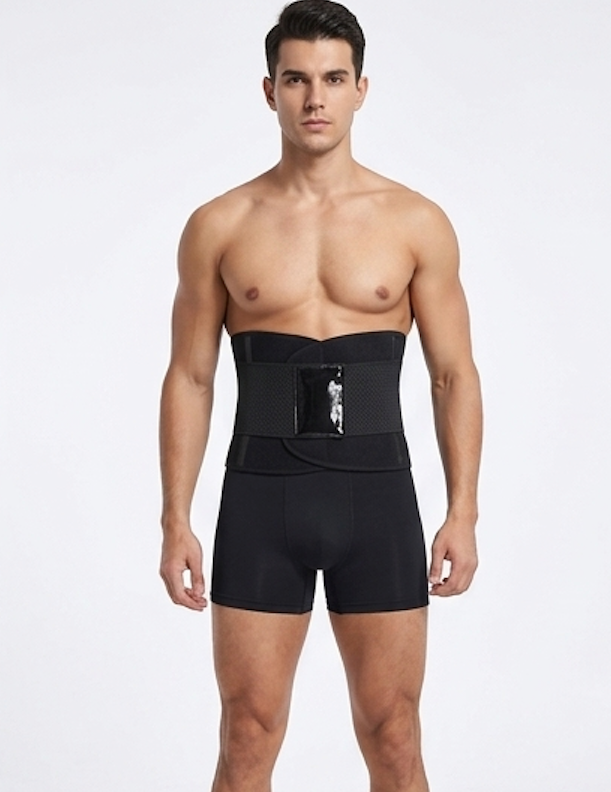 Man wearing a black waist trainer on a white background