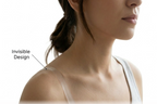 Woman wearing a white tank top with an 'Invisible Design' label pointing to her shoulder.