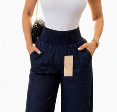 Blue Wide-Leg Pants Elastic Waist