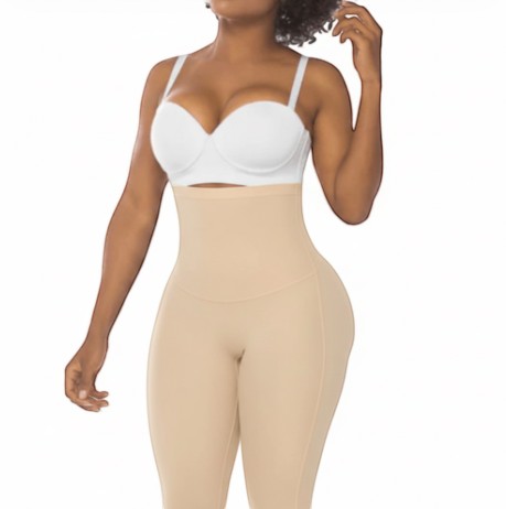 Stella's Corset high-waisted beige shaping capri leggings providing tummy control and a smooth silhouette.
