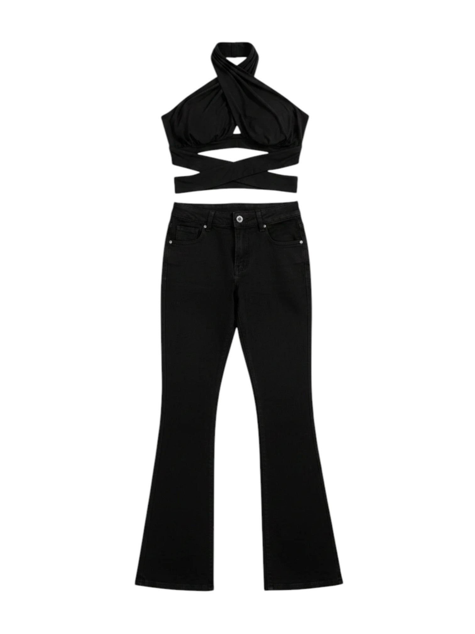 Stella's Corset black butt lifter jeans paired with a matching black halter crop top for a sleek silhouette.