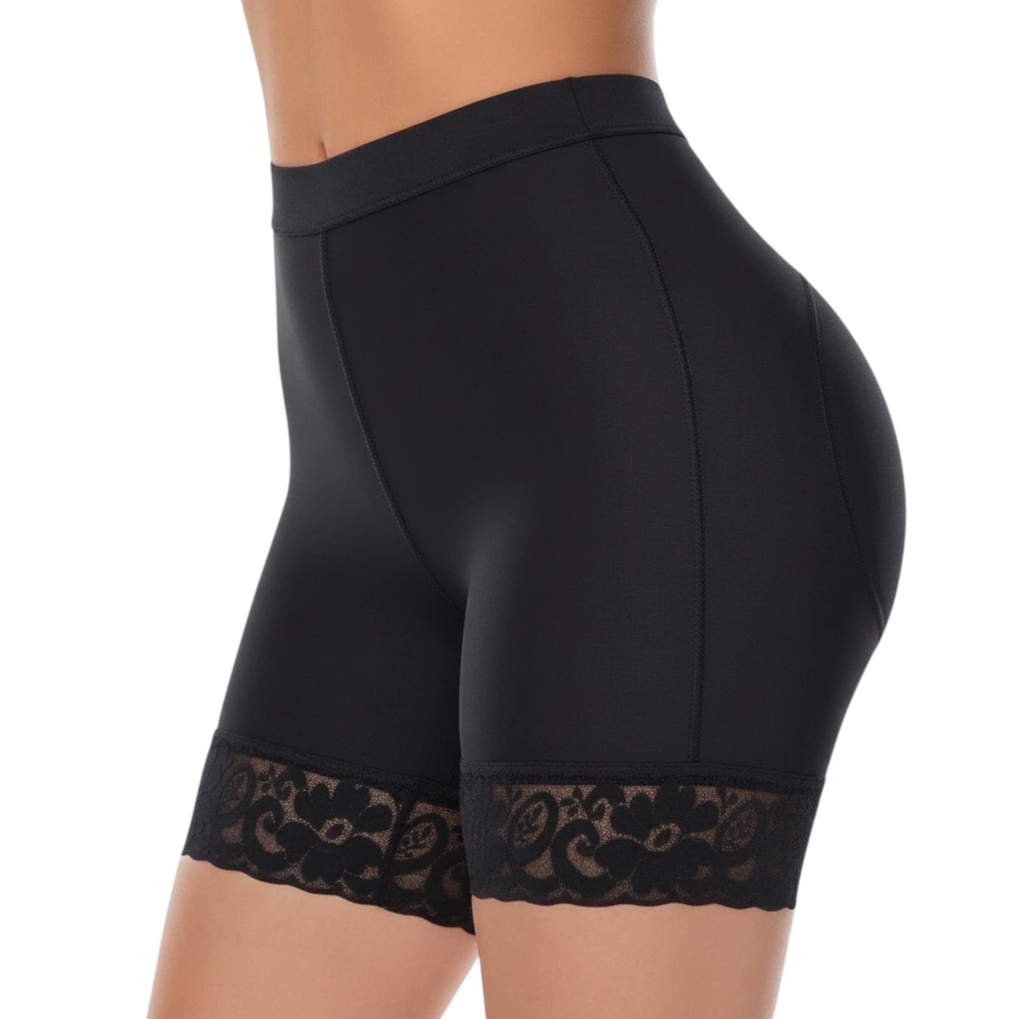 Stella's Corset black high-compression Powernet butt lifter shorts with lace trim and seamless design