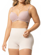 Stella's Corset beige high-waist anti-chafing compression shaper shorts with tummy control and thigh smoothing.