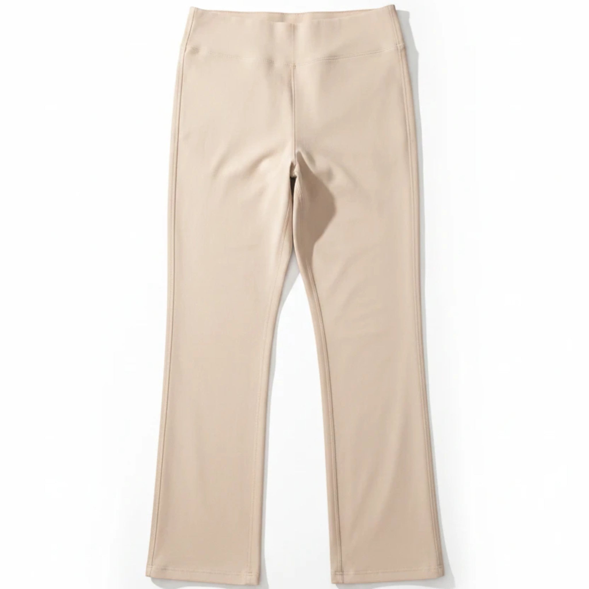 Stella's Corset beige athletic flare pants with a high waist and moisture-wicking fabric.