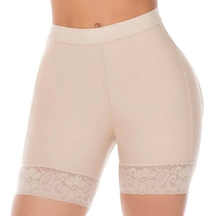 Stella's Corset beige high-compression Powernet butt lifter shorts with lace trim and seamless design