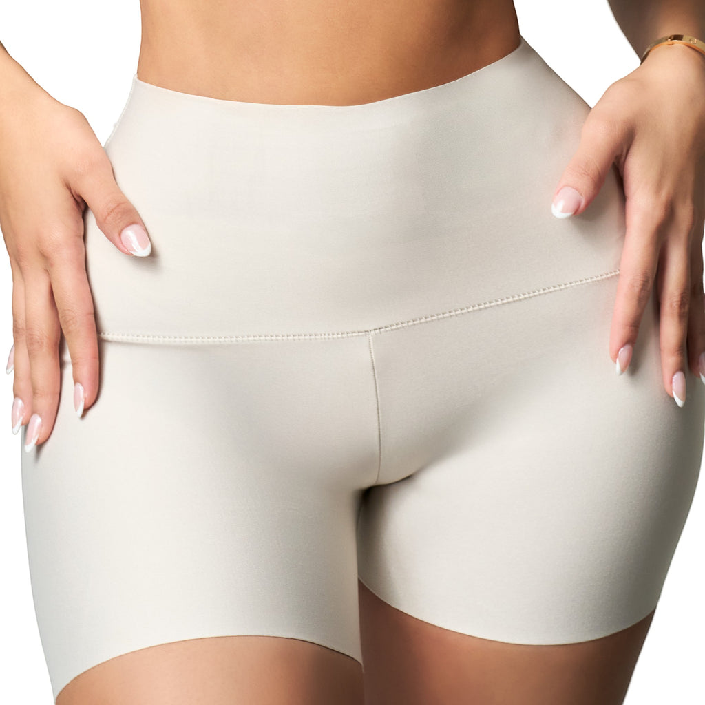 Stella's Corset beige Powernet and cotton-lycra blend firm compression shorts with natural butt lift.