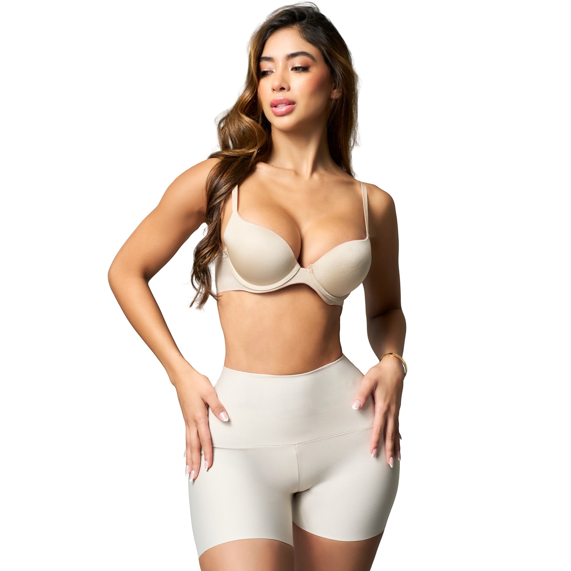 Stella's Corset beige high-waist compression shorts with natural butt lift and open-bust design. Cotton-lycra lining.