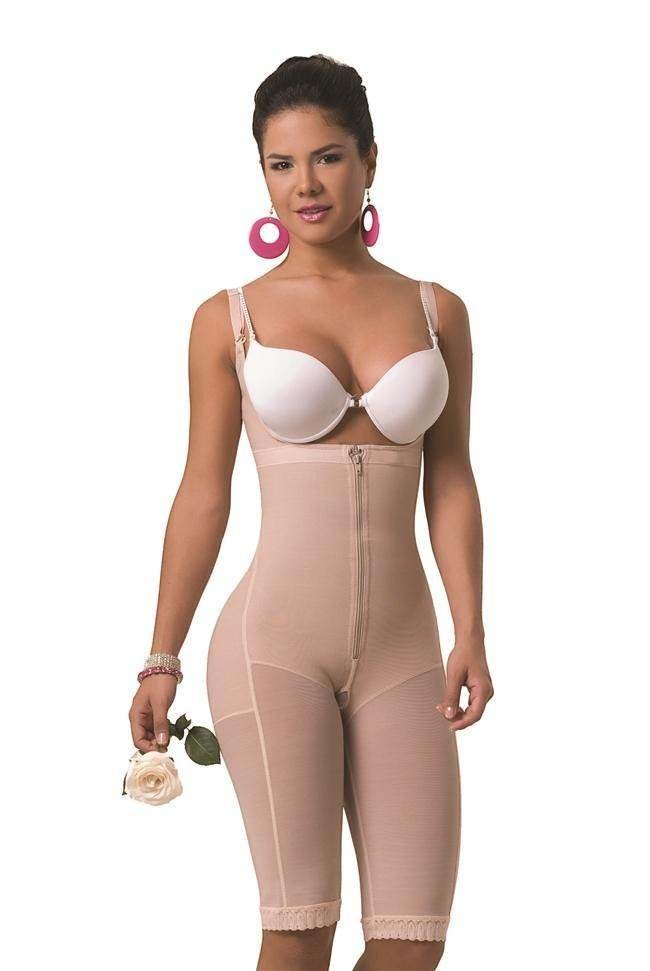 Model wearing a beige Stella's Corset high-back full body shaper with front zipper and PowerNet compression fabric.