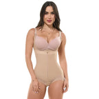 Model wearing a beige Stella's Corset high back body shaper with front zipper, PowerNet compression, and booty short cut.