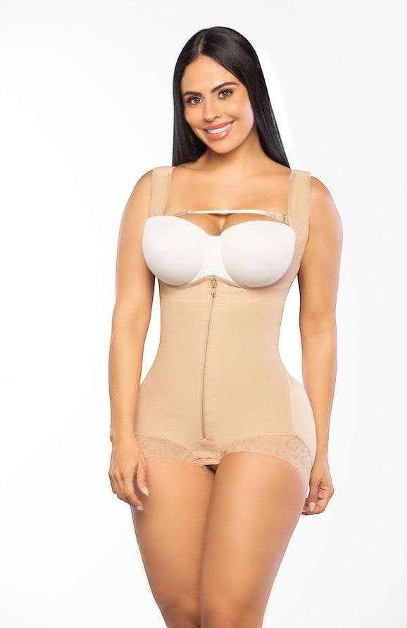 Stella's Corset beige lace shaper with panty, featuring a zipper front and smooth tummy control. Delicate lace trim at leg openings.