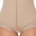 Stella's Corset beige lace shaper panty with front zipper closure and seamless tummy control design.