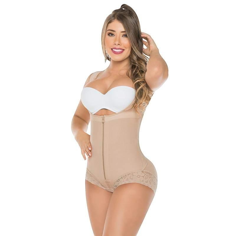 Stella's Corset beige lace shaper with panty featuring high-definition Powernet fabric and seamless tummy control.