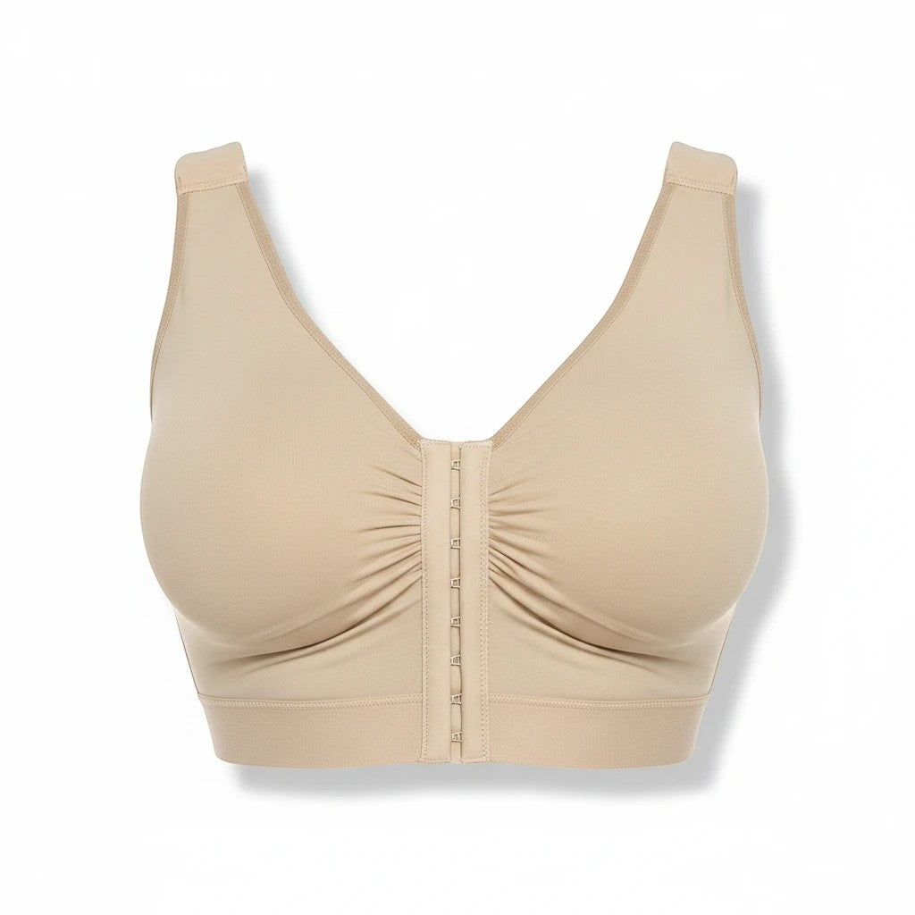 Stella's Corset beige post-surgical compression bra with front closure and wide straps. Designed for support and comfort.