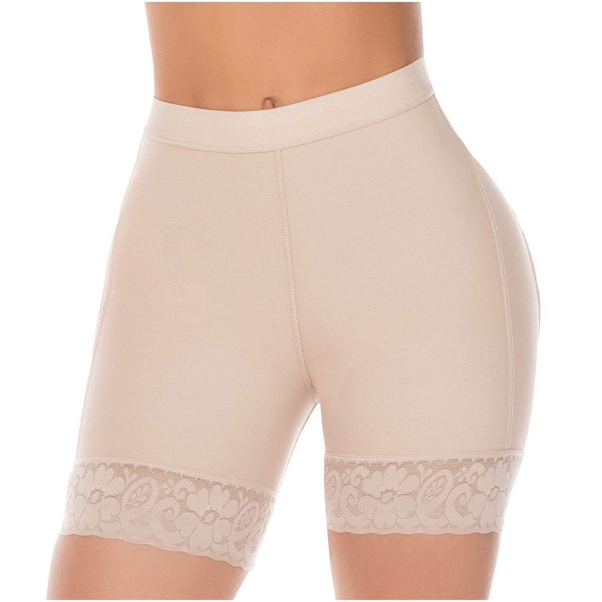 Stella's Corset beige high-compression Powernet butt lifter shorts with lace trim and seamless flat-lock seams.