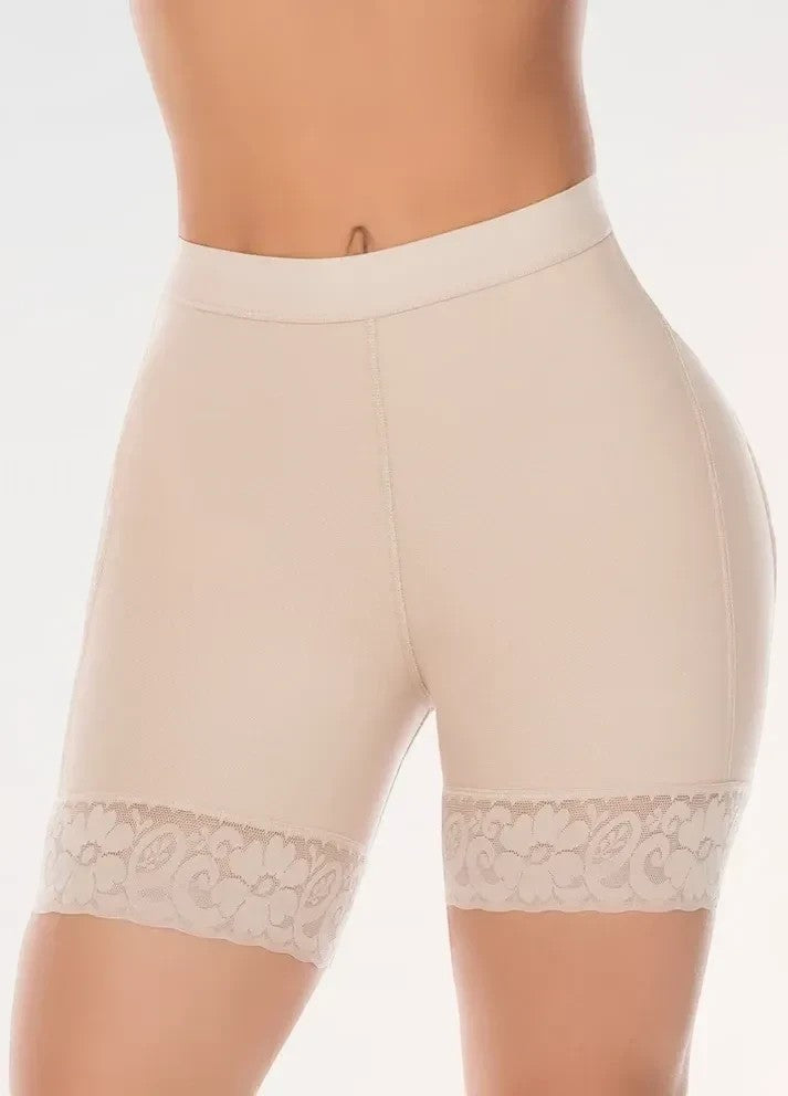 Stella's Corset beige high-compression Powernet butt lifter shorts with lace trim and seamless design