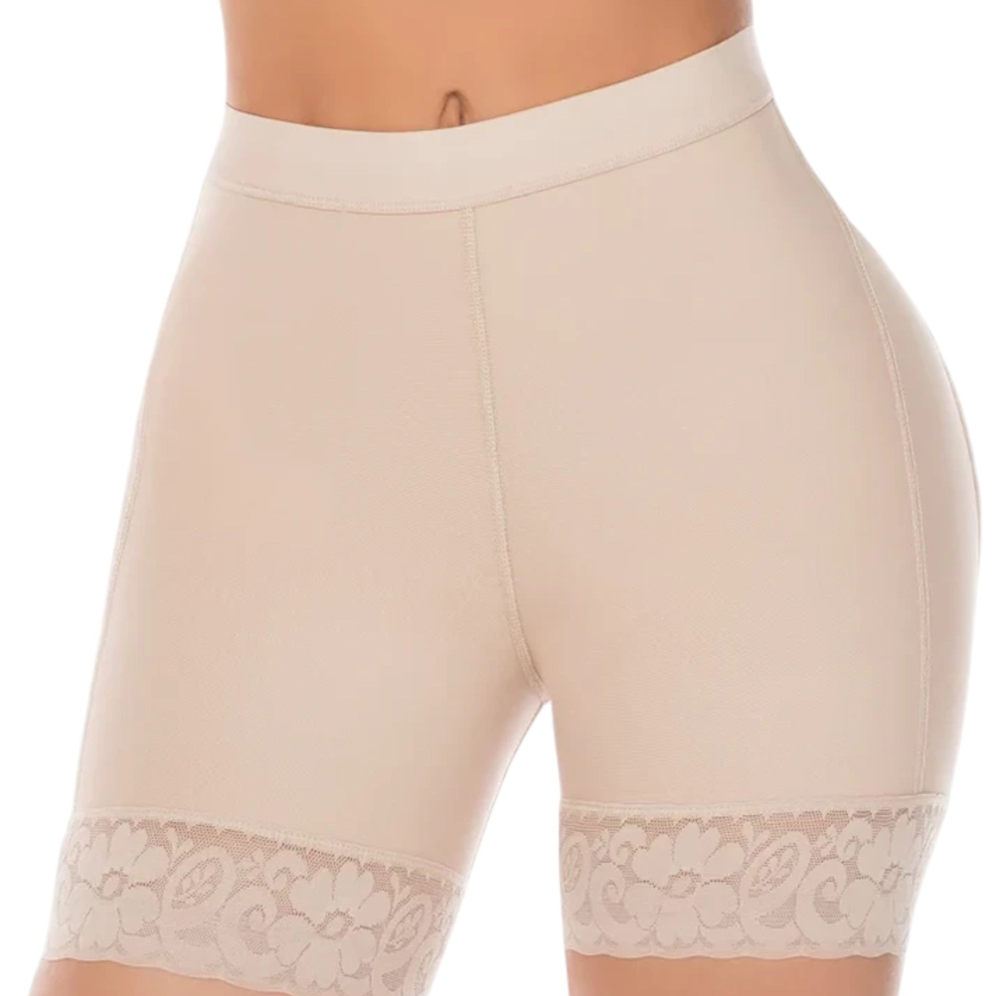 Stella's Corset beige high-compression Powernet butt lifter shorts with lace trim and seamless flat-lock seams.
