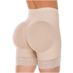 Stella's Corset beige high-compression Powernet butt lifter shorts with lace trim and seamless design for body shaping.