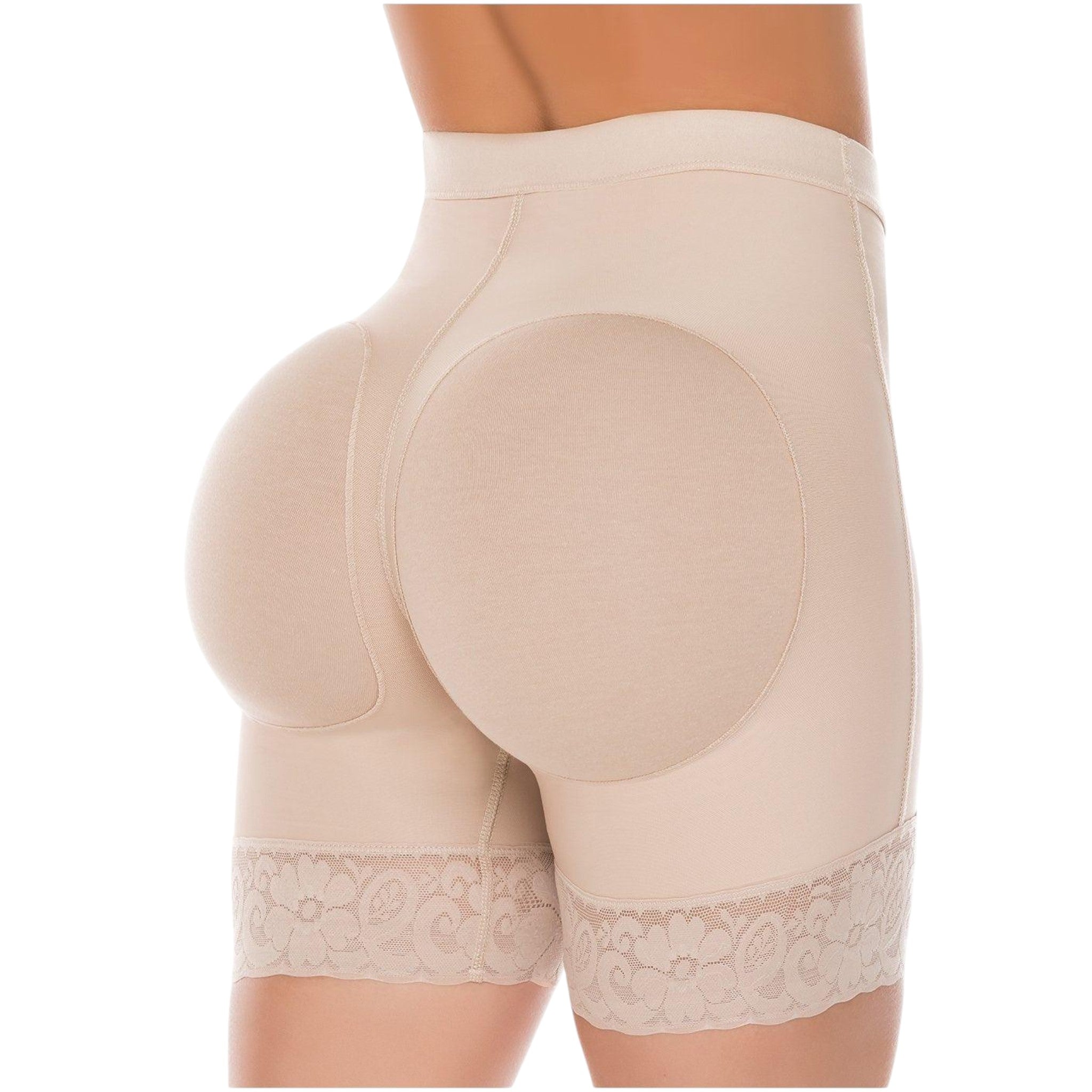 Stella's Corset beige high-compression Powernet butt lifter shorts with lace trim and seamless design for body shaping.