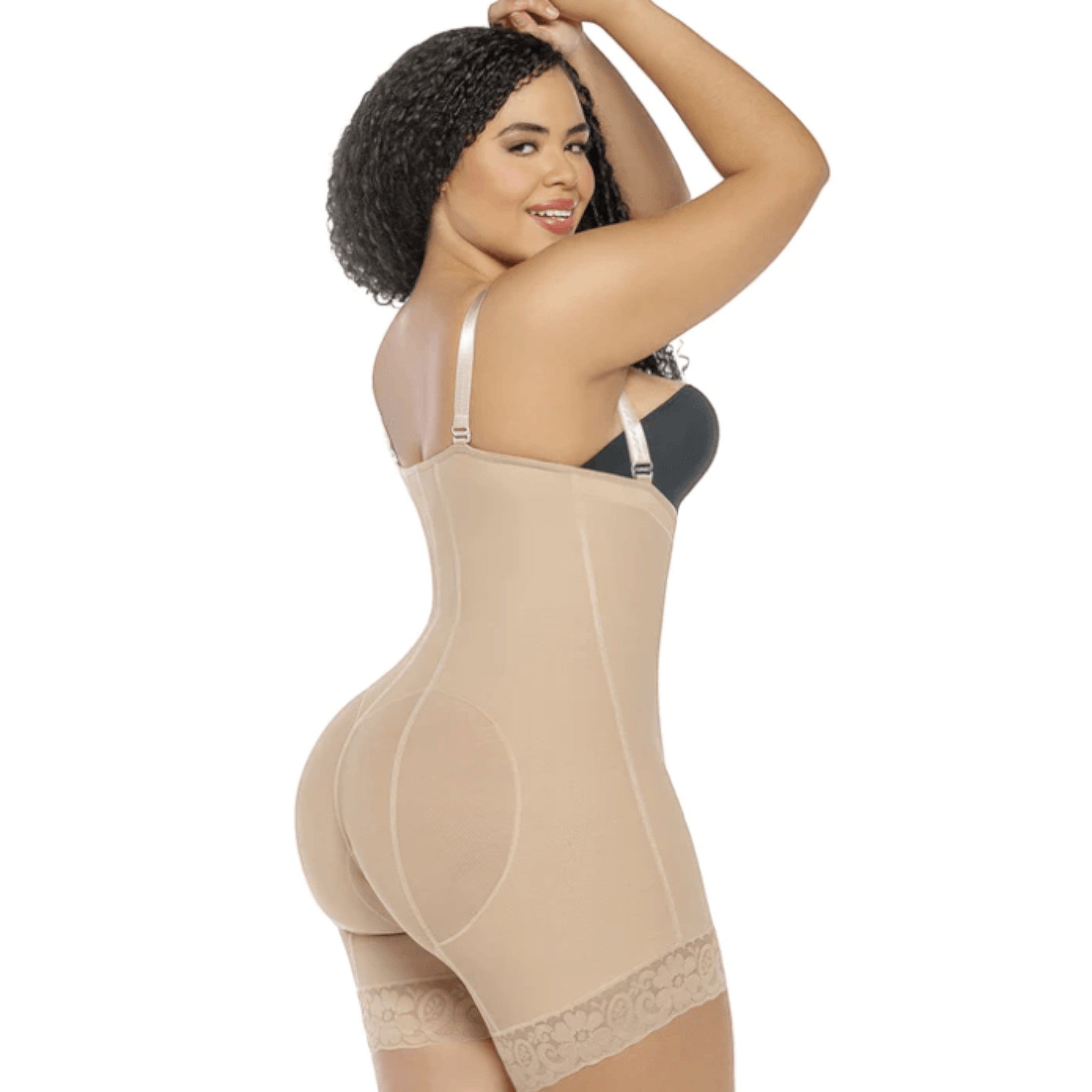 Stella's Corset beige strapless powernet compression short with seamless butt lifter and lace leg bands.