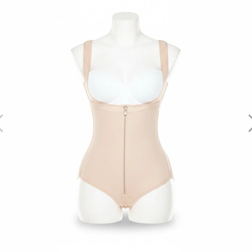Stella's Corset beige powernet slimming body vest with front zipper closure on a mannequin torso.