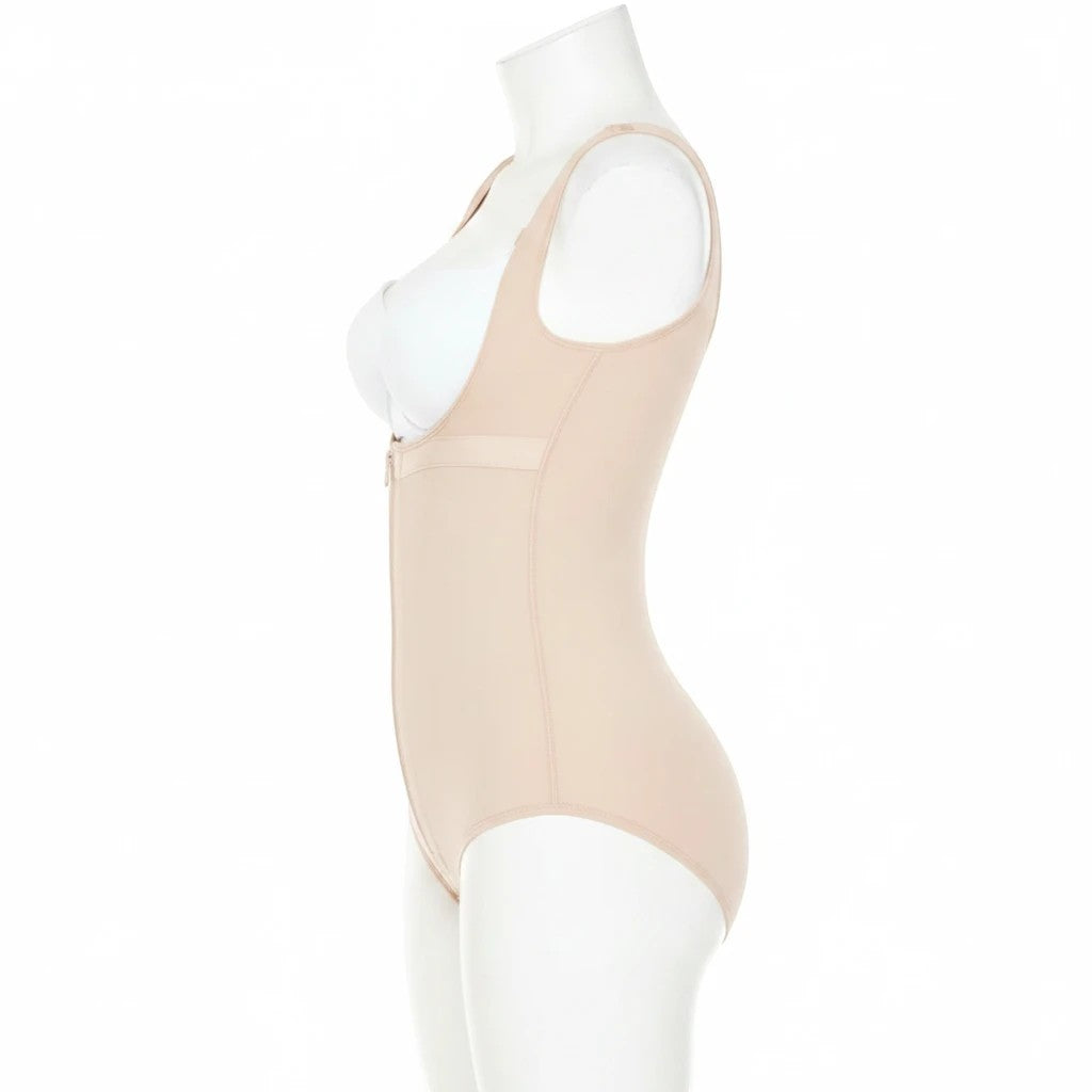 Stella's Corset beige powernet slimming body vest on a mannequin, side view showing ergonomic shapewear design.