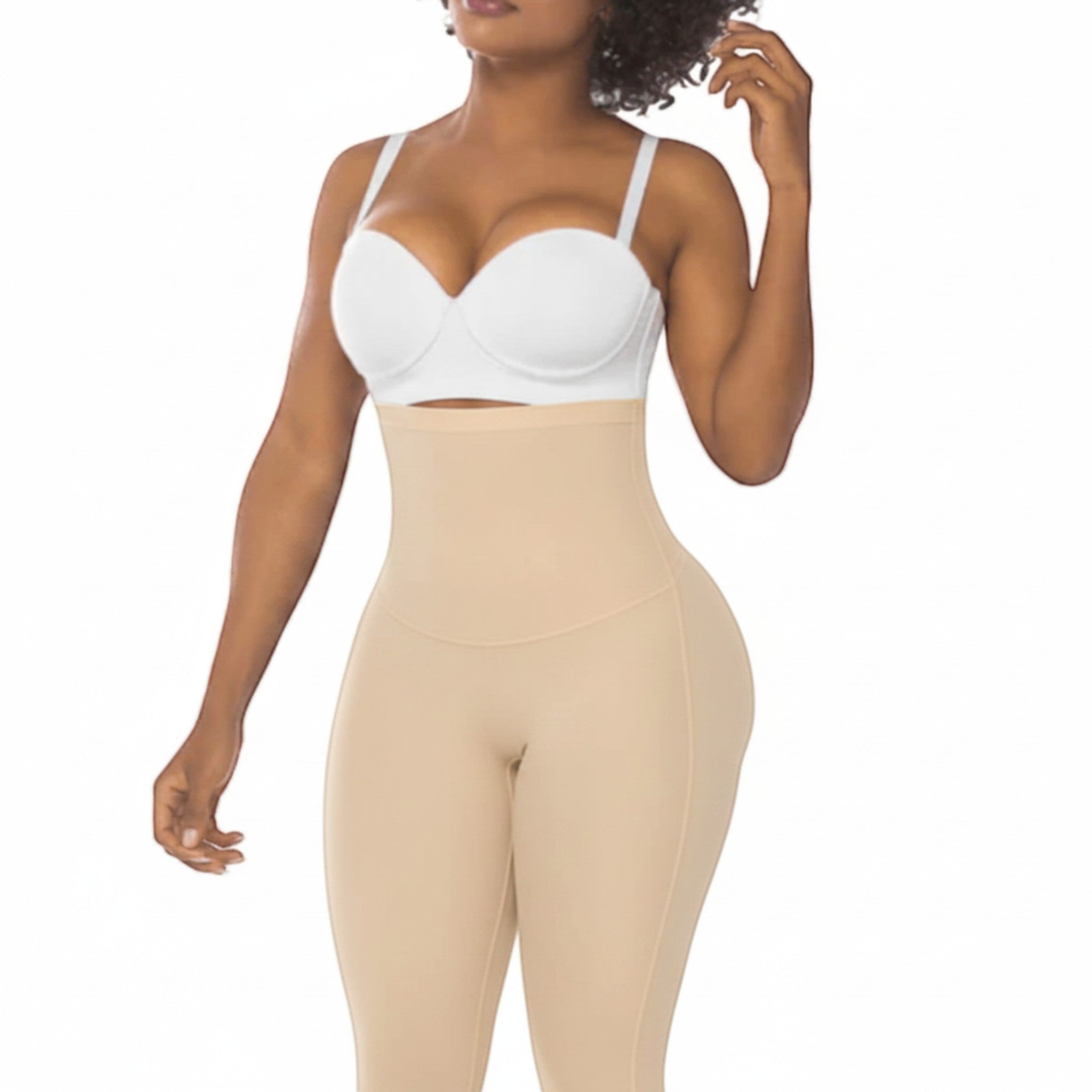 Stella's Corset high-waisted beige shaping capri leggings providing tummy control and a smooth silhouette.