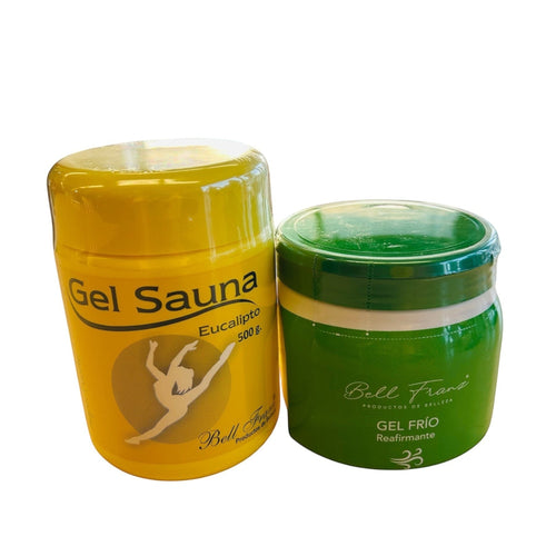 Stella's Corset Bell Franz Gel Sauna and Gel Frio Firming Gel Set, eucalyptus warming gel and cooling firming gel for body contouring.