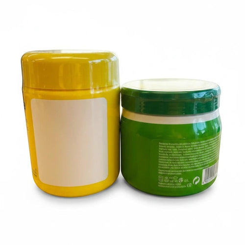 Stella's Corset Bell Franz Gel Sauna and Gel Frio Firming Gel Set, two 500g tubs, one yellow and one green.