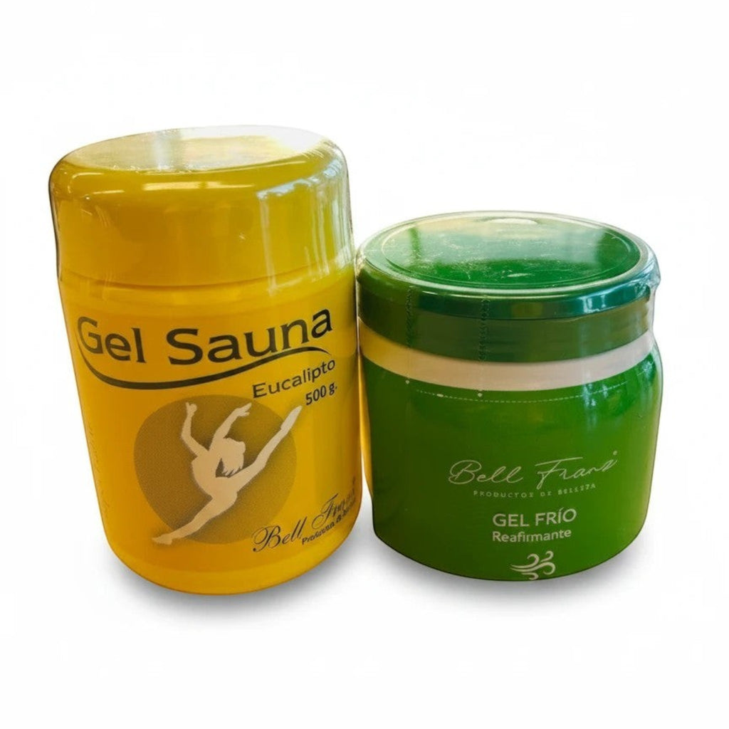 Stella's Corset Bell Franz Gel Sauna and Gel Frio Firming Gel Set, 500g each, eucalyptus warming gel and cooling firming gel.