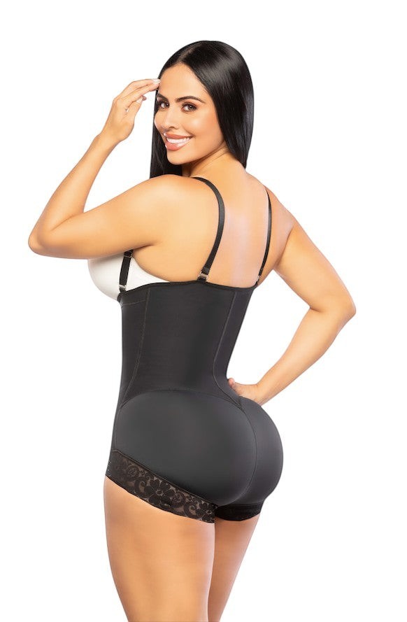 Stella's Corset black strapless body shaper with silicone lace hem and convertible straps. Shapes torso and tummy.