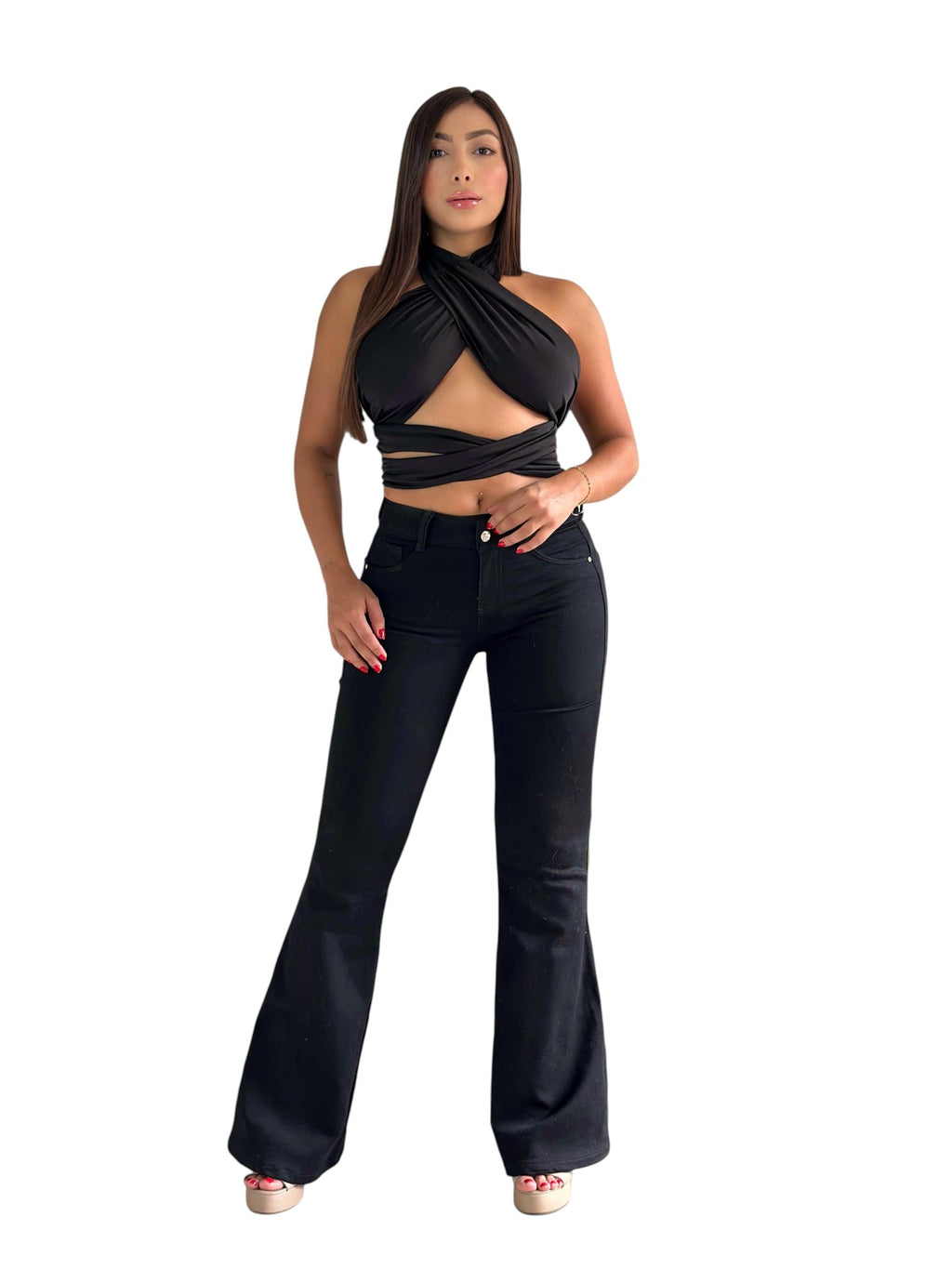 Stella's Corset black butt lifter jeans with high-density stretch denim and contouring panels on a model