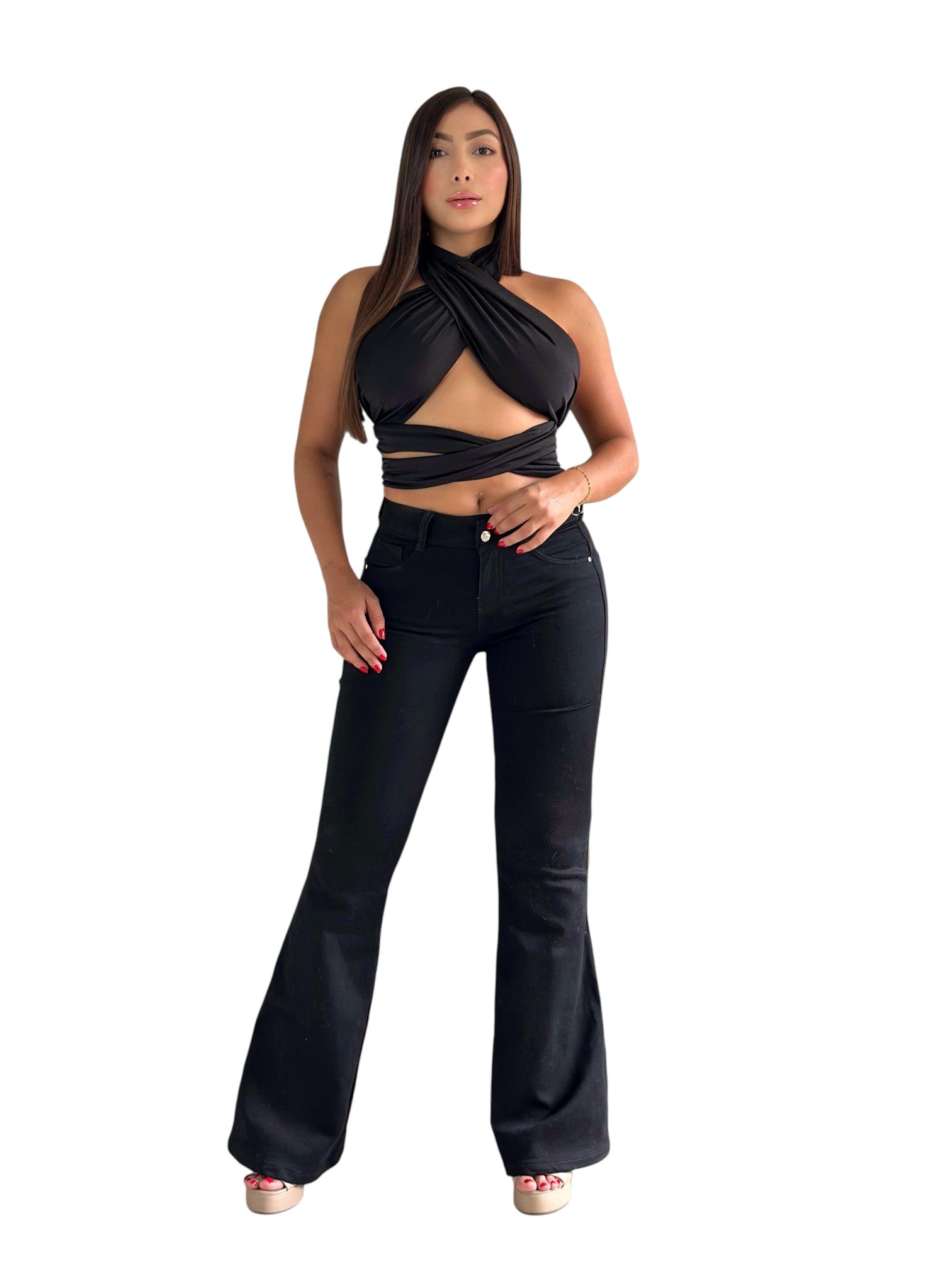 Stella's Corset black butt lifter jeans with high-density stretch denim and contouring panels on a model