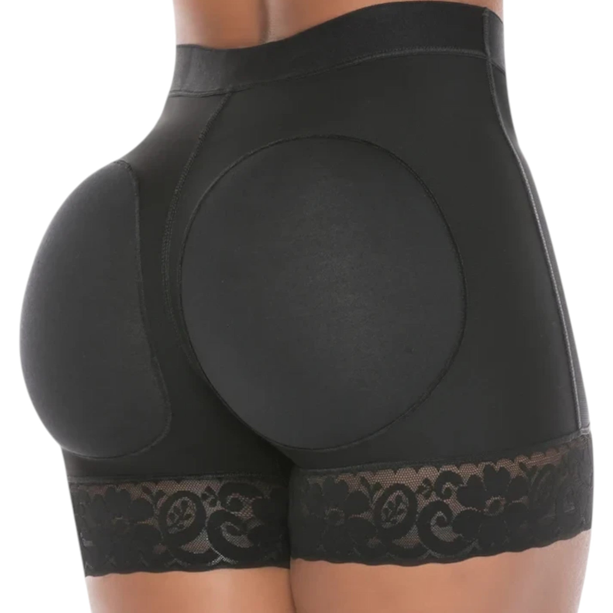 Stella's Corset black high-compression Powernet butt lifter shorts with lace trim and seamless design