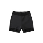 Stella's Corset black high-waisted powernet butt lifter shorts with delicate lace trim on the waistband and leg openings.