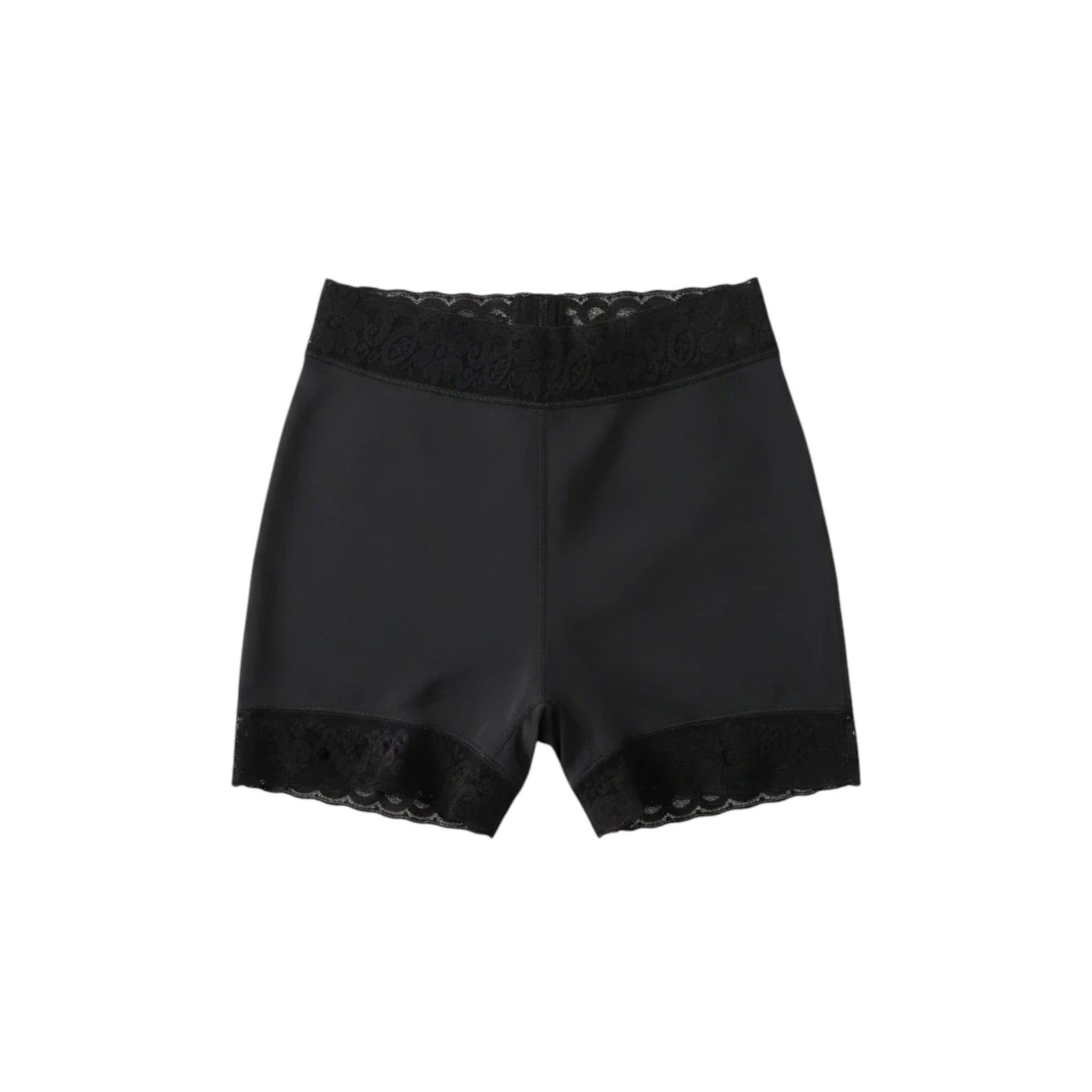 Stella's Corset black high-waisted powernet butt lifter shorts with delicate lace trim on the waistband and leg openings.