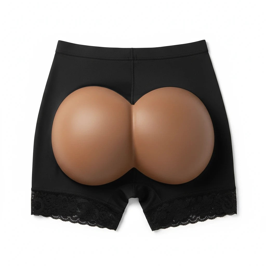 Stella's Corset black Powernet butt lifter shorts with open glute holes and lace trim for a natural lifted silhouette.