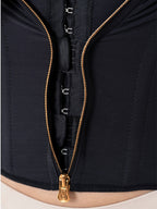Stella's Corset black Powernet compression faja with gold zipper and hook-and-eye closure, high-back design.