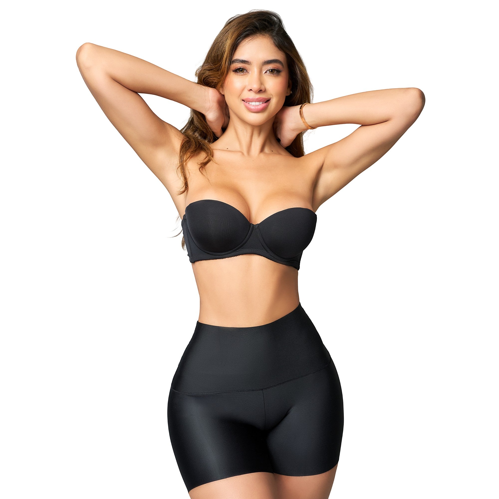 Stella's Corset black high-waisted firm compression shorts with natural butt lifting and open-bust design.