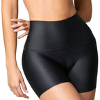 Stella's Corset black high-waisted firm compression shorts with natural butt lifting and tummy control. Powernet outer with cotton-lycra lining.