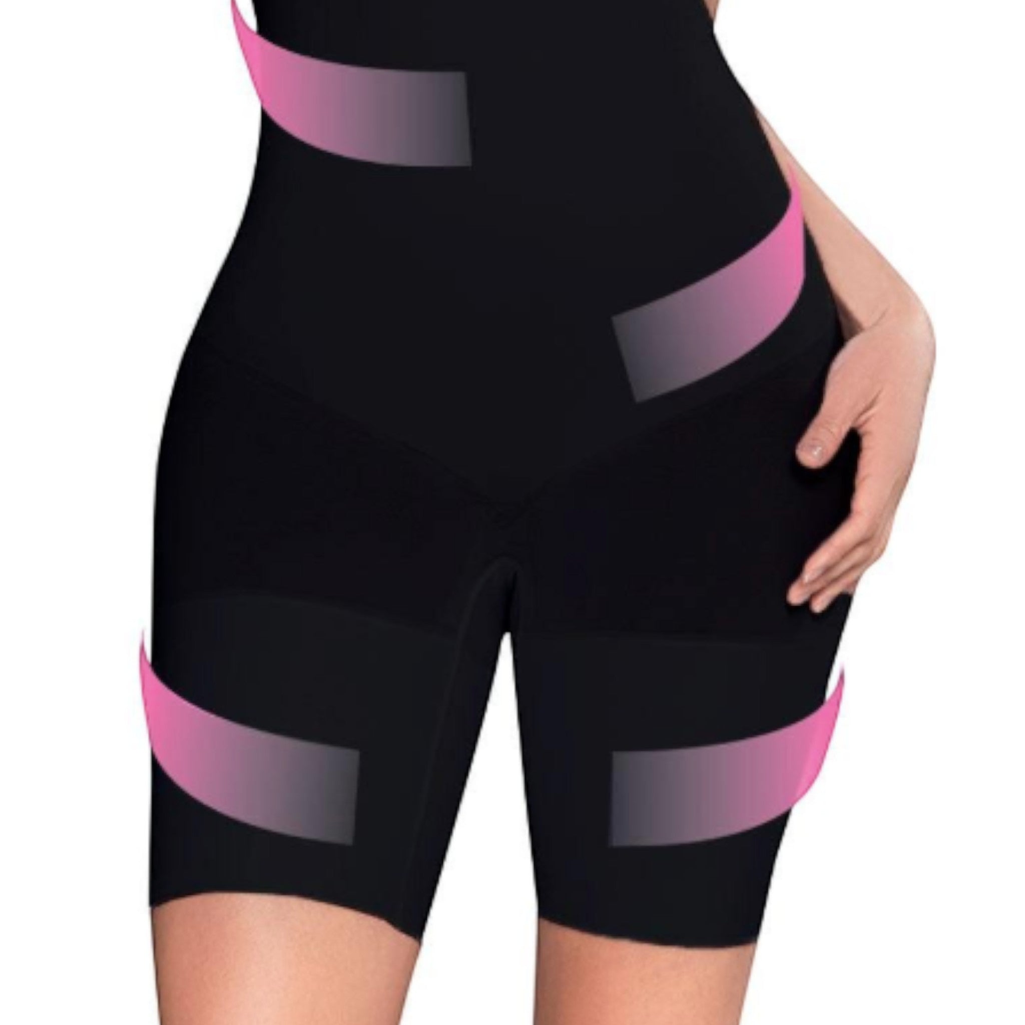 Stella's Corset black high-waisted compression shorts providing firm body shaping and thigh control.