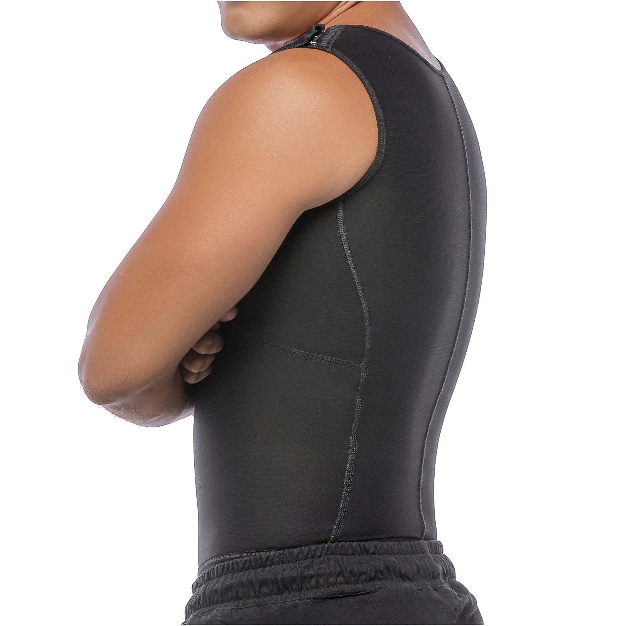 Stella's Corset black Powernet compression tank top with zipper closure on shoulder, designed for daily wear and tummy control.